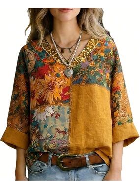 Cherry Betty Patchwork V-Neck Floral Blouse in Mustard size large